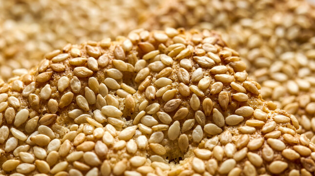 Close up macro shot of a freshly baked bread crust covered with toasted sesame seeds.