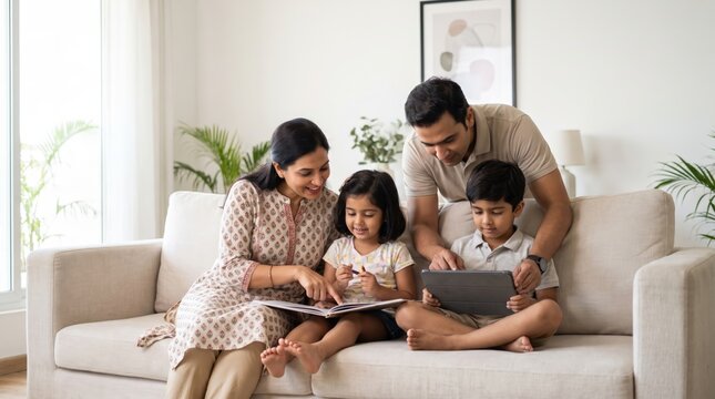 Realistic Indian Family at Home in Modern Apartment, Parents Helping Children on Sofa, Family Bonding, Parenting Lifestyle, Contemporary Home Interior, Everyday Domestic Life