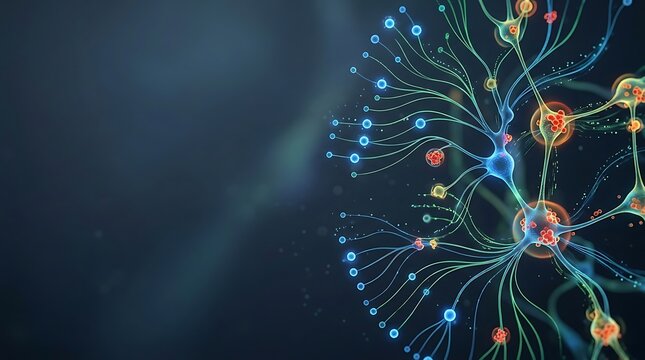 Neural network with glowing synapses on a dark blue background