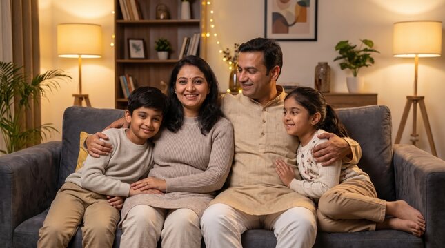 Realistic Indian Family Relaxing Together at Home on Sofa During Evening, Family Bonding, Modern Lifestyle, Happy Parents and Children in Contemporary Living Room, Domestic Happiness, Authentic Home 
