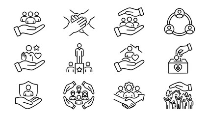 Fototapeta premium Set of black line icons about community support and human resources featuring people with hands and teamwork symbols for business presentation and website design elements