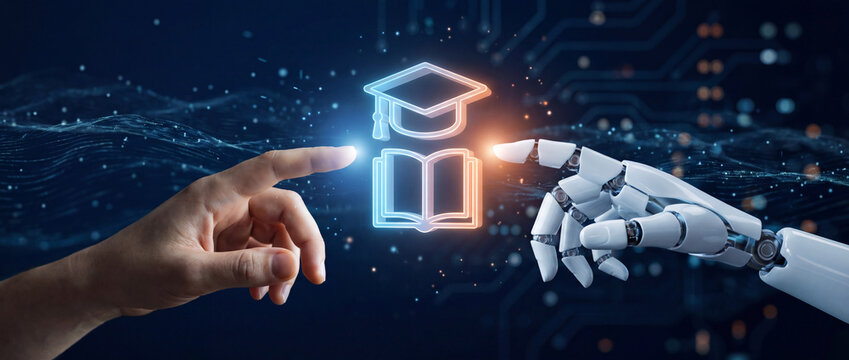 AI education and digital learning technology with a human hand and robot finger pointing at a glowing graduation cap icon on a dark blue circuit background, ideal for e-learning banners