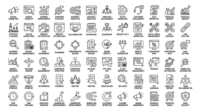 Large collection of business and technology outline icons set for web design and mobile apps featuring professional productivity finance marketing and development symbols