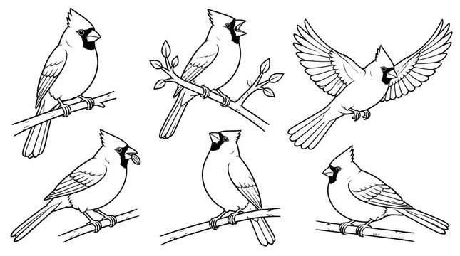 Set of Northern Cardinal birds in various poses, line art illustration