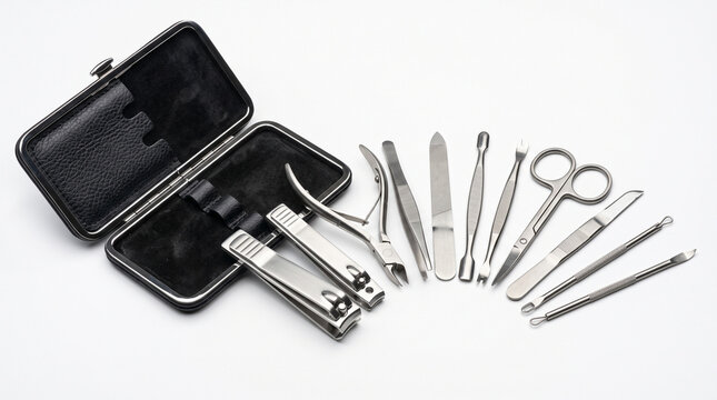 A professional manicure and pedicure tool set arranged on a white background.