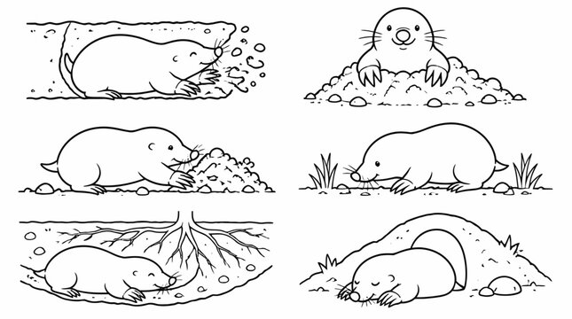 Cute cartoon mole set, digging tunnels and hills in simple line art