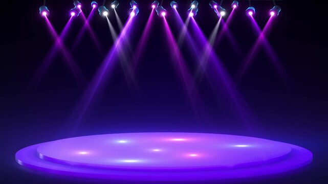 Purple stage spotlight background overhead beams, round platform, dark theater space, concert lighting mood. award music intros, dance shows, event promos, talent reveals, performance overlays.
