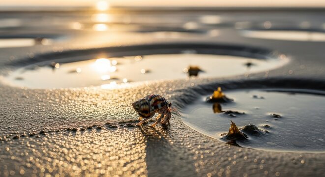 Hermit crab walking on wet sand at sunset