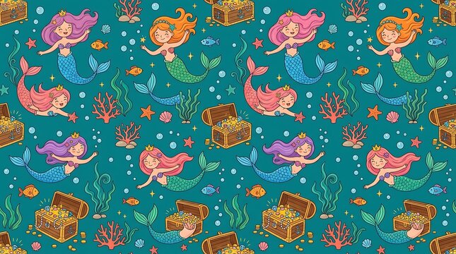 Whimsical mermaid seamless pattern with treasure and sea life