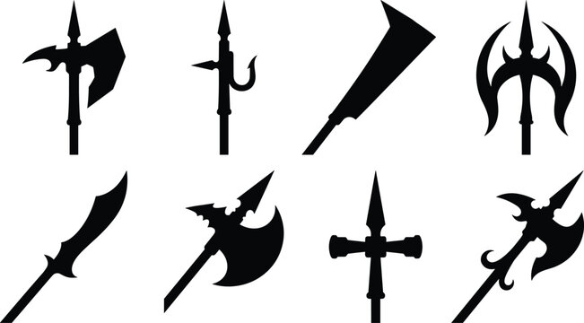 Collection of fantasy medieval polearm silhouettes featuring axes, halberds, and spears for game asset design