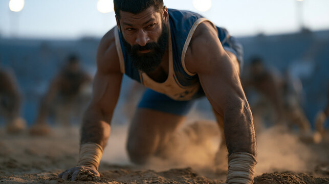 Tall bearded man wearing a kabaddi match jersey holding his breath mid-raid, body low and aggressive as defenders brace for the tackle on a compacted clay court, dust rising