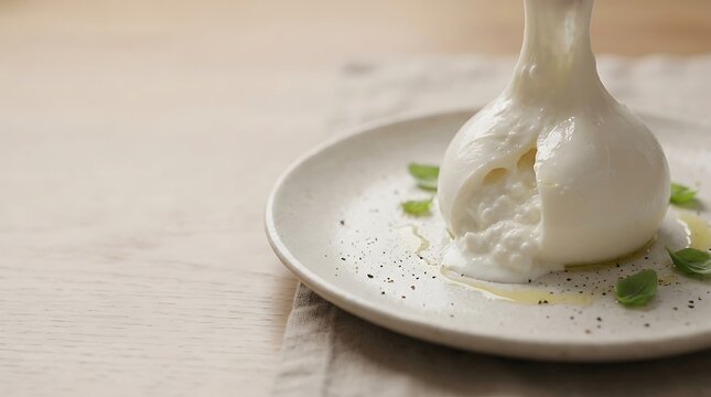 Fresh burrata cheese cut open on a plate with basil and olive oil