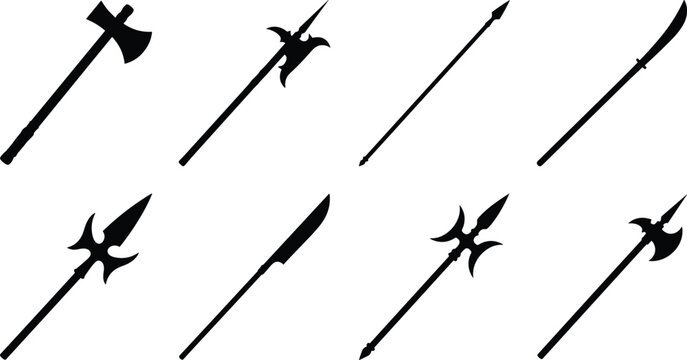Collection of medieval polearm weapon silhouettes including battle axes, spears, and halberds isolated on white background