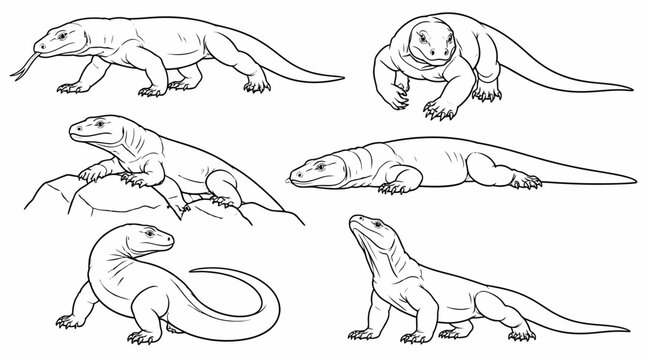 Komodo Dragon Poses Set, Black and White Line Art Illustration