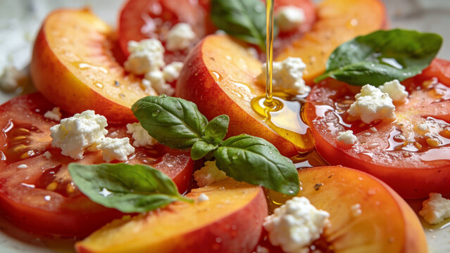 Slices of tomato arranged on a plate with drizzled oil and topped with cheese and basil leaves