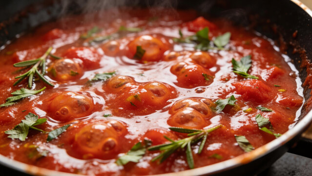 Cooking tomato sauce in a pan with fresh herbs and steam rising from the surface