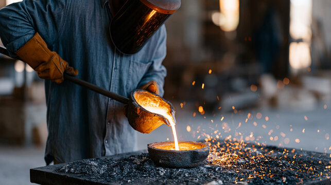 Bronze sculpture caster in a foundry workshop pouring molten metal into a ceramic mold, face shield lowered, sparks scattering across a soot-covered workbench, fine art