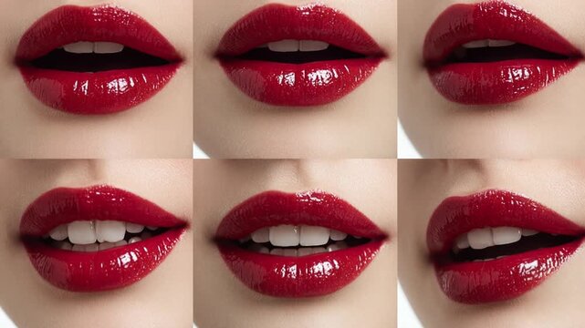 Close up of a beautiful woman's lips with bright red lipstick making different expressions
