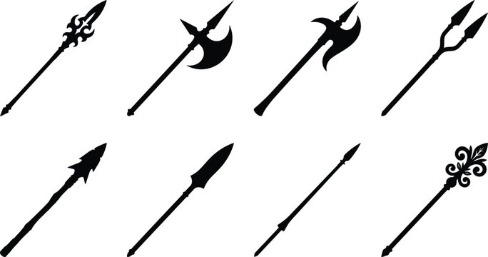 Collection of medieval polearm weapon silhouettes featuring spears, halberds, and battle axes for design projects