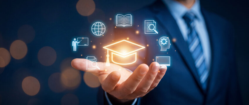 E-learning technology and online education concept with a businessman holding glowing digital icons of graduation cap, book, and globe over a dark blue background for corporate training