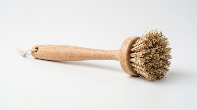 Eco friendly wooden dish brush with natural bristles for sustainable kitchen cleaning.
