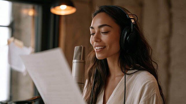 A voice actor records narration in a padded sound booth, script pages taped to the glass, headphones clamped on, microphone at jaw level, warm booth light creating intimate