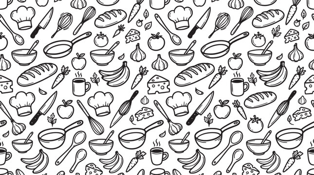 Seamless pattern of hand drawn kitchen utensils and fresh food ingredients for culinary background or restaurant menu design