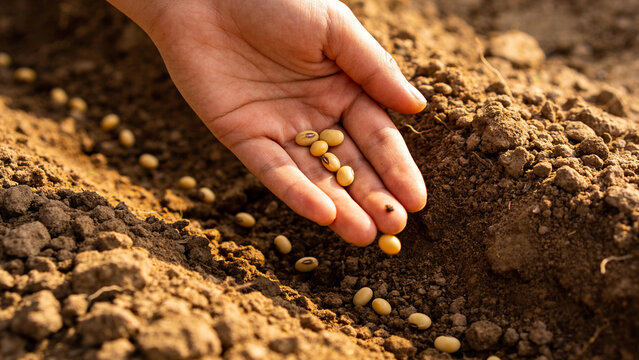Hand planting seeds in soil for bio-based pest control in agriculture
