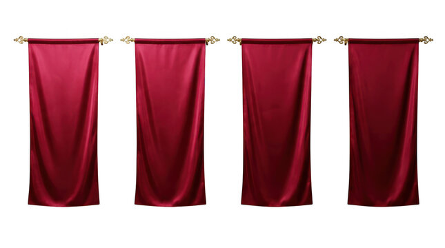 Four red velvet curtains hanging on gold rods isolated on transparent background