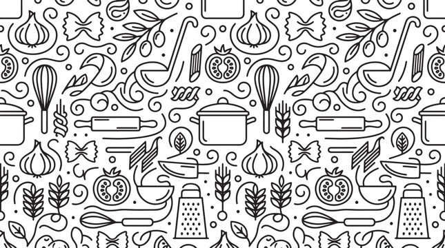 Seamless pattern with kitchen utensils and food ingredients in a minimalist black and white line art vector style