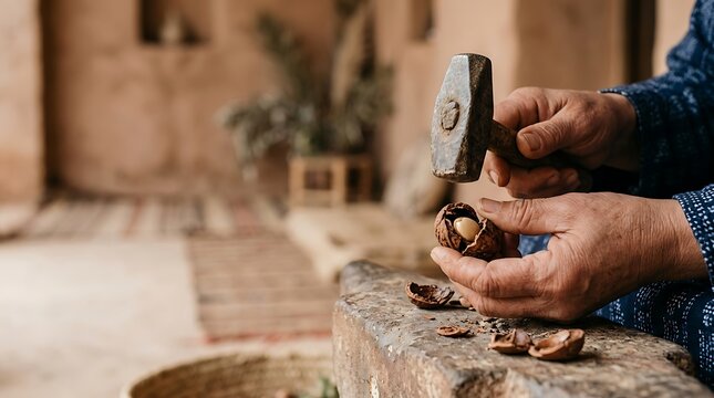 Traditional manual cracking of argan nuts with a hammer