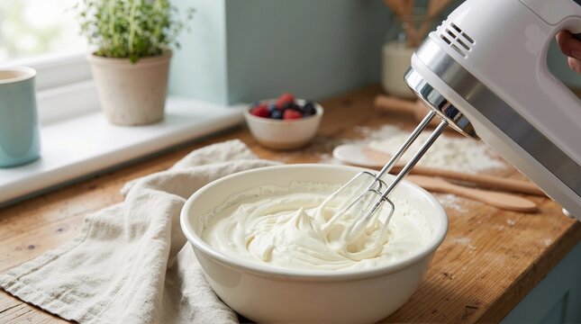 Electric hand mixer whipping white cream in a bowl on a wooden table. Homemade dessert baking preparation in a bright kitchen