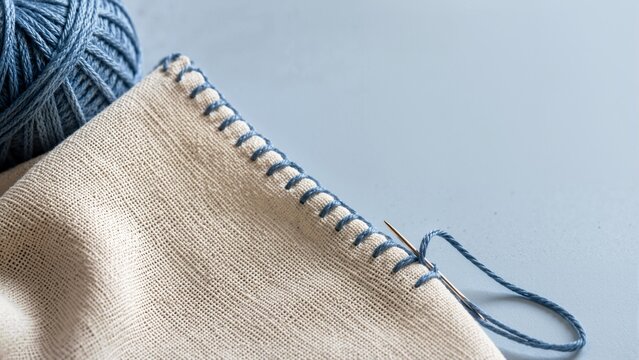 Close up of a blanket stitch edging on woven fabric. Hand sewing with blue yarn and a needle. Crafting hobby concept