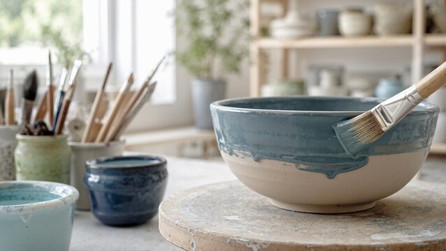 Paintbrush applying blue glaze to a ceramic bowl. Close up of pottery glazing process in an art studio