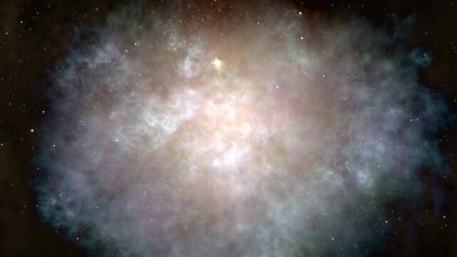 Star formation cosmological model showing astrophysics birth of a star from cosmic gas and dust nebula in 4K Ultra HD footage.
