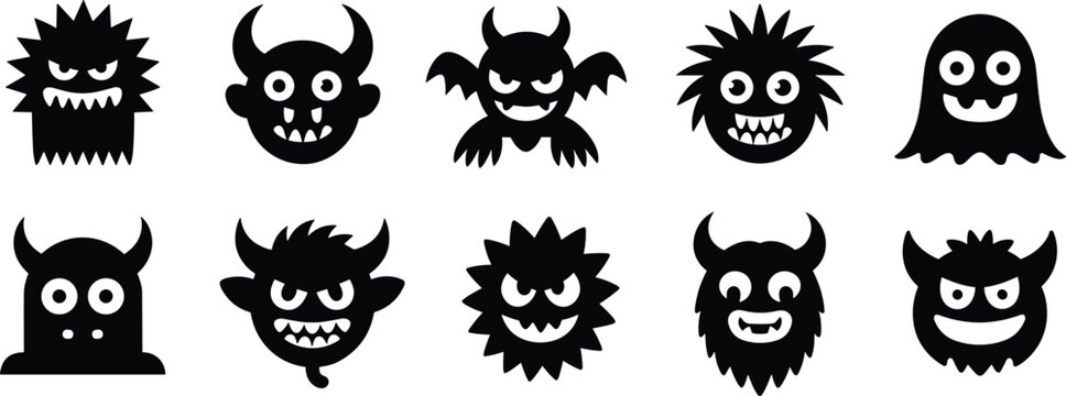 Collection of ten black silhouette cartoon monsters with spiky hair, horns, and grinning teeth on white background keywords