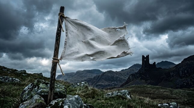 Tattered white flag flying in stormy weather on remote hillside with surrender