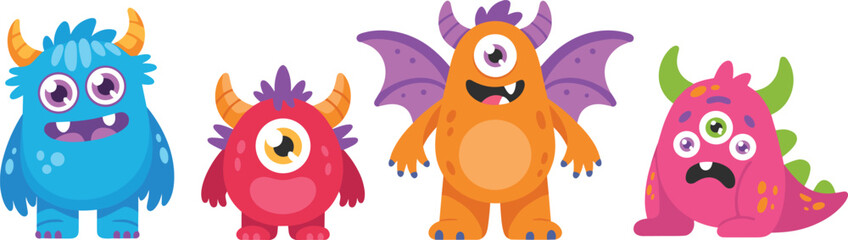 Obraz premium Four diverse, colorful cartoon monsters with unique like multiple eyes, horns, and wings, standing side-by-side in a row against