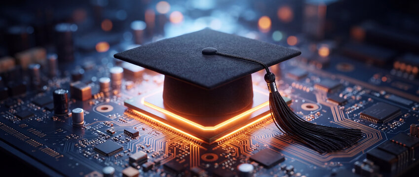Graduation cap on glowing CPU processor sits atop a dark blue motherboard with orange circuit traces, representing digital education, online learning, and artificial intelligence in modern