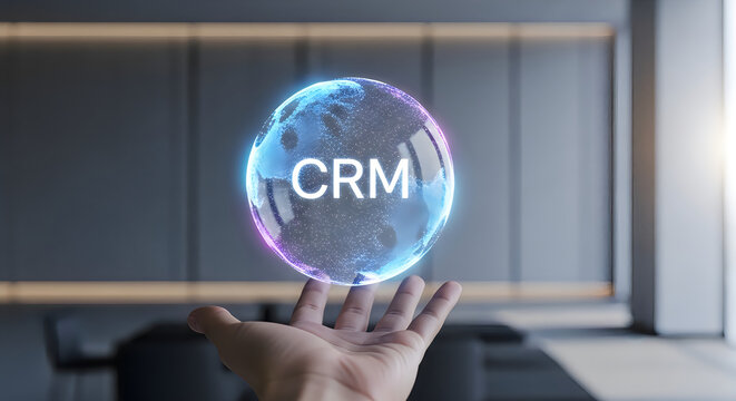 Glowing digital globe with crm text floating above a hand in this professional business photograph