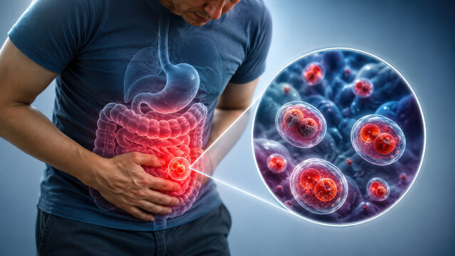 Cyclosporiasis infection in human intestines showing Cyclospora parasites, abdominal pain and digestive inflammation during outbreak