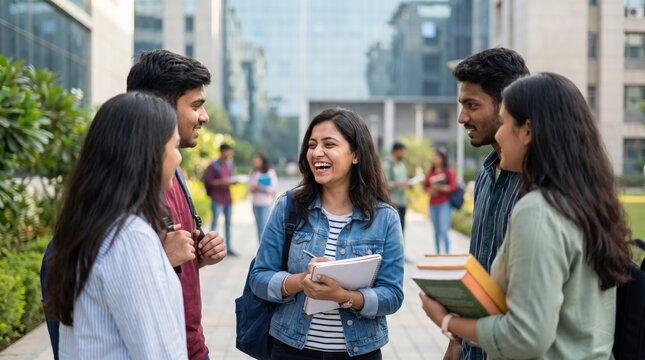 Happy Young Indian College Student with Diverse Friends on Modern University Campus, Education Learning and Academic Success, Youth Friendship and Campus Lifestyle, Scholarship Opportunity