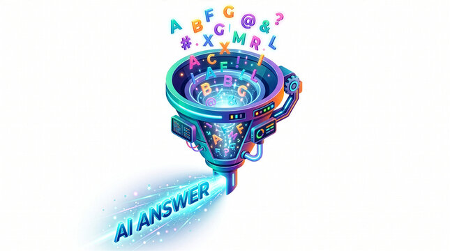 Colorful 3D isometric funnel processing data letters into an AI answer representing generative engine optimization