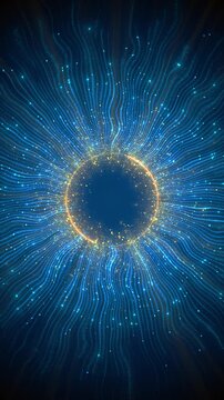 Radiant data wave sphere blue flowing strands, golden sparks, central dark circle, futuristic network energy. AI , science explainers, tech intros, particle simulations, abstract motion loops.