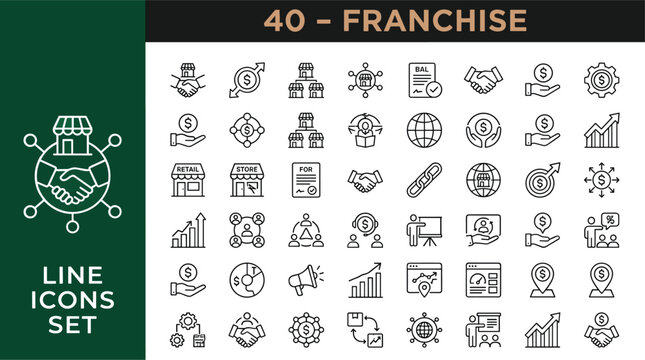 Franchise business line icons set, 40 professional franchise management symbols, retail expansion and corporate partnership vector graphics