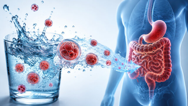 Waterborne intestinal parasite transmission, showing pathogens splashing from a glass of water into human digestive system anatomy