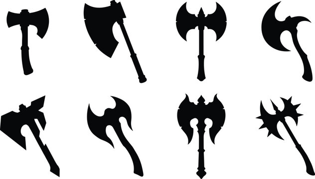 Set of medieval battle axe and classic hatchet silhouettes vector illustrations isolated on white background