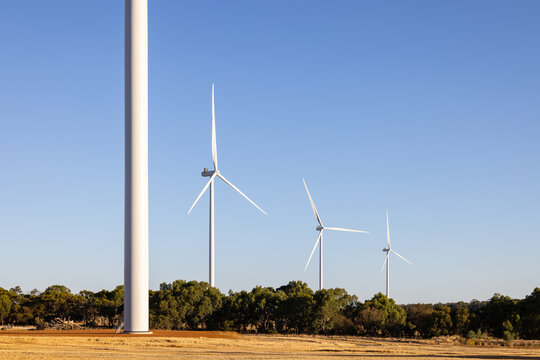 Wind turbines across dry grassy countryside