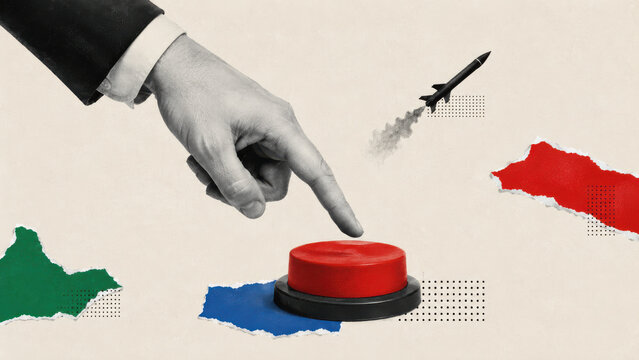 Hand pressing red missile launch button with rocket in flight, nuclear threat, military escalation and global conflict warning