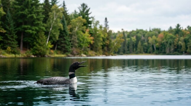 Common loon calling on a still lake. Wildlife swimming in natural habitat with forest background